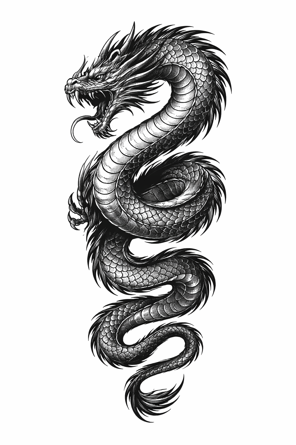 Illustrative half-sleeve starting on the left chest/shoulder featuring an open-mouthed head that wraps over the shoulder and coils clockwise around the arm to the elbow