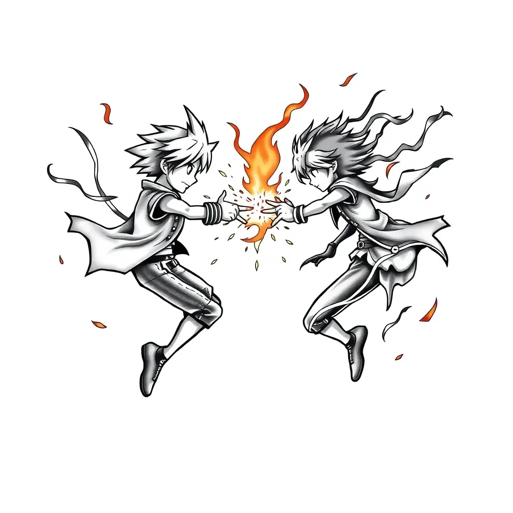 Escena estilo anime de Roxas enfrentándose a Axel: Roxas empuñando dos llaves espada y Axel lanzando chakrams en llamas en una pose de combate dinámica.
