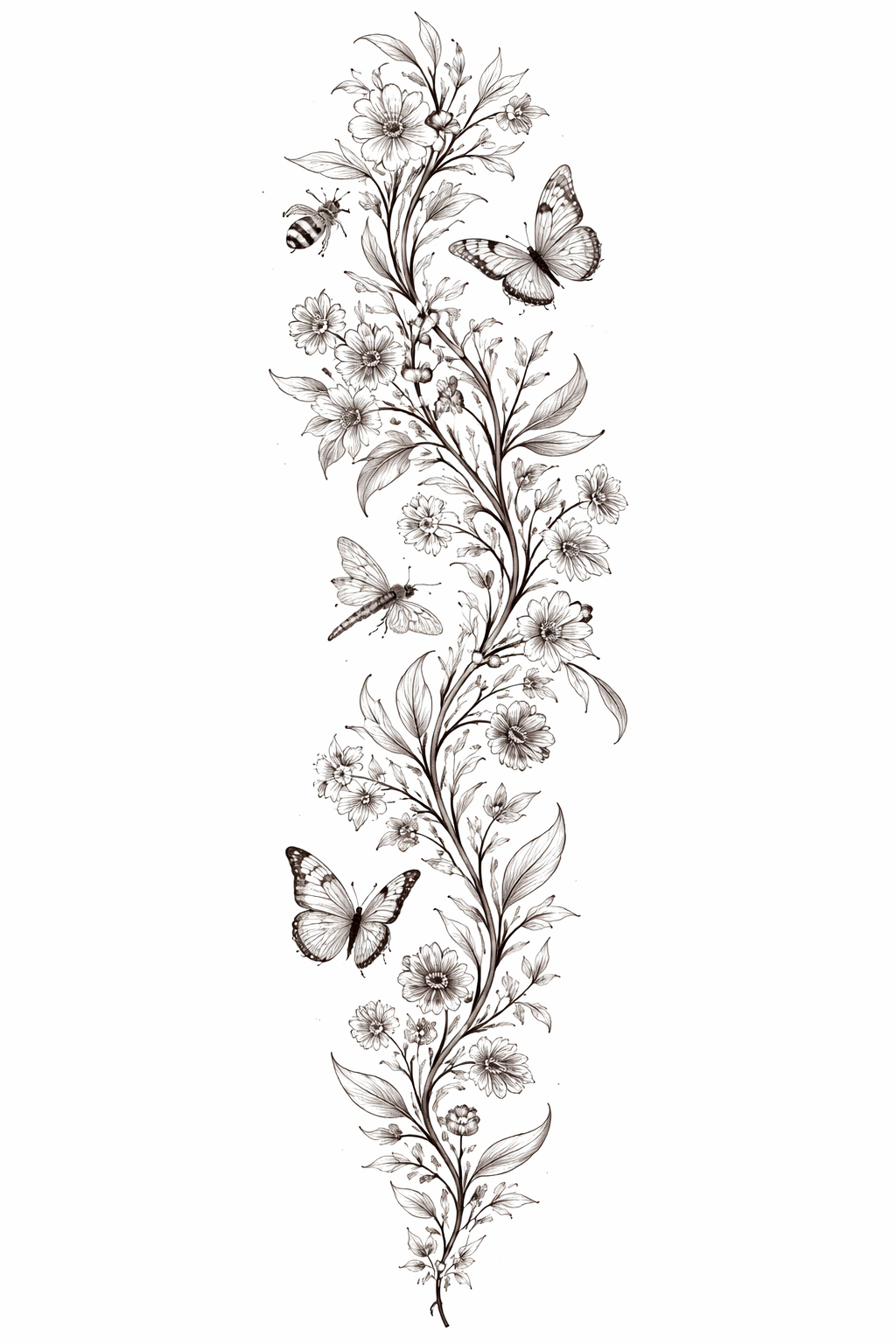 Full-sleeve illustrative tattoo of bees, butterflies and dragonflies woven through flowering vines with subtle witchy symbols and muted jewel-tone color accents