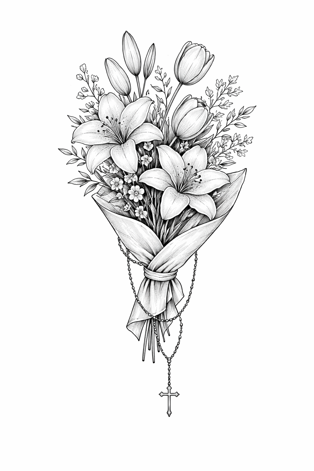 A fine-line bouquet of lilies, tulips and mixed flowers wrapped in newspaper with a simple rosary draped down the wrap, rendered delicately