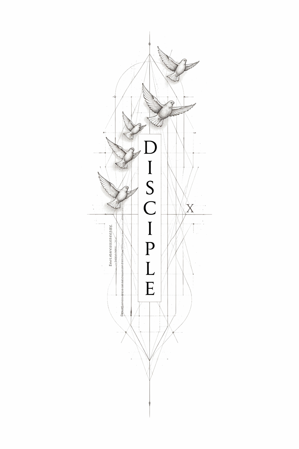 Fine-line forearm tattoo with vertical serif 'DISCIPLE' as a central spine, reversed definition text, faint circle and triangle frame, hidden cross, three to five rising birds, light dotwork and Roman