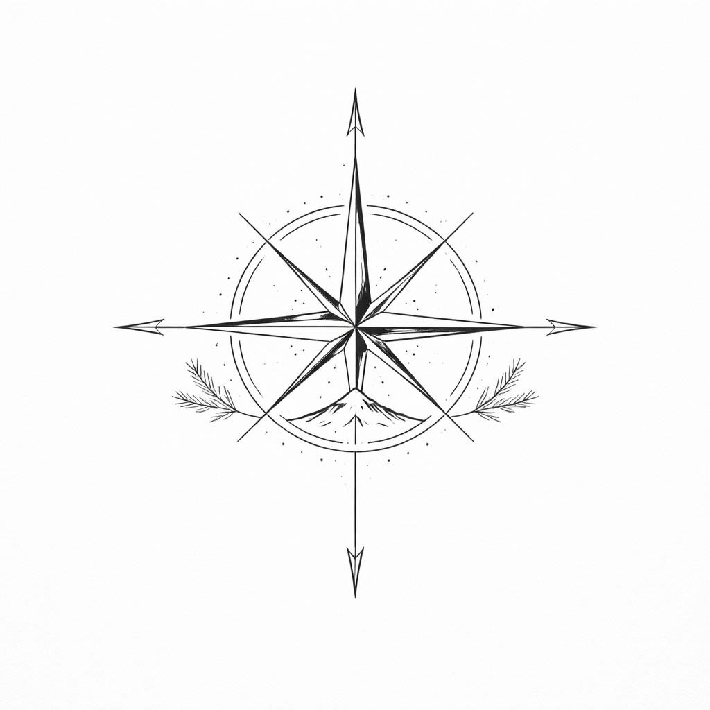A simple fine-line compass rose showing cardinal directions with subtle nature accents and clean geometric lines