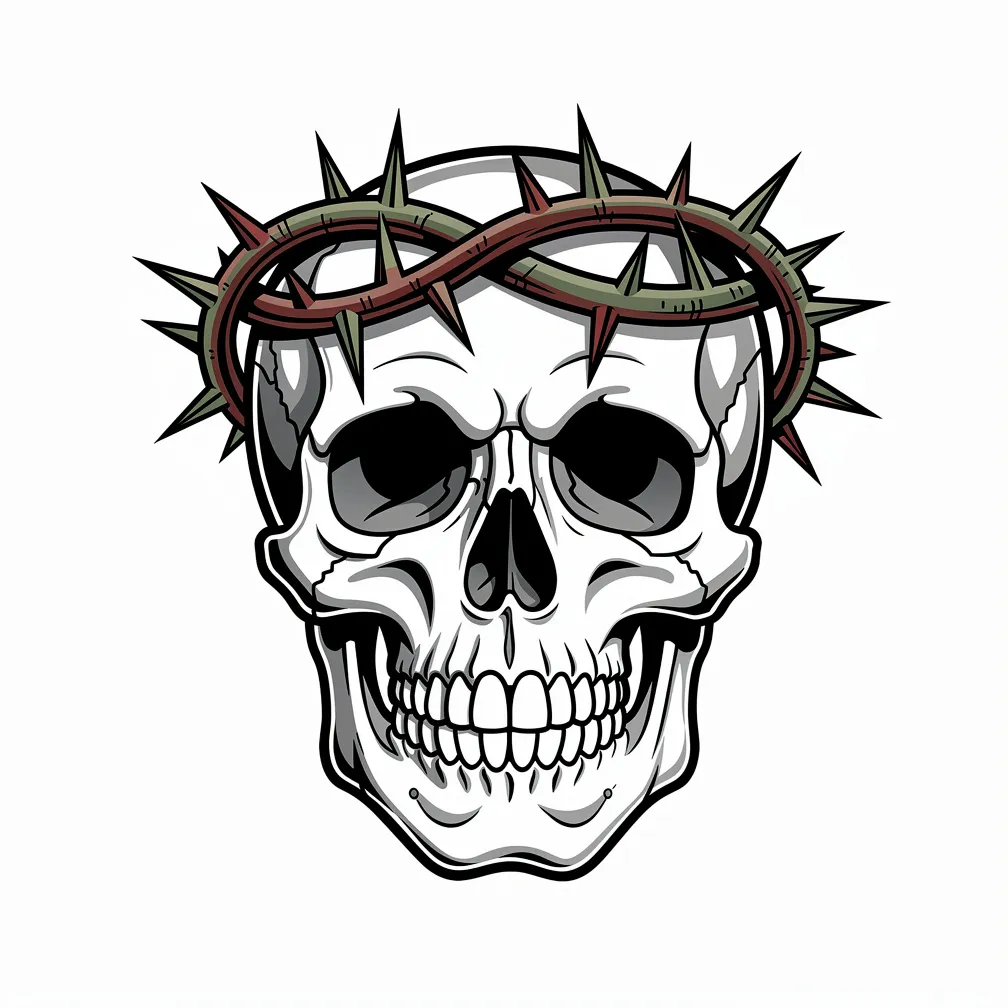 A neo-traditional color skull wearing a crown of thorns, with bold outlines and rich shading.