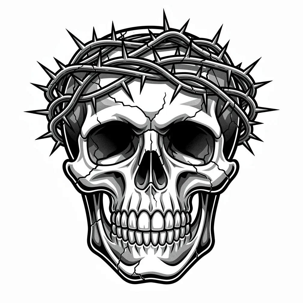 A blackwork skull wearing a crown of thorns, designed as a bold head tattoo with high-contrast shading.