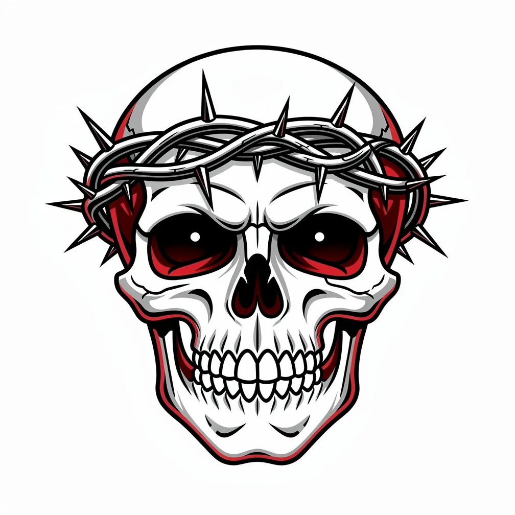 A neo-traditional color skull topped with a crown of thorns, using bold linework and shaded depth.