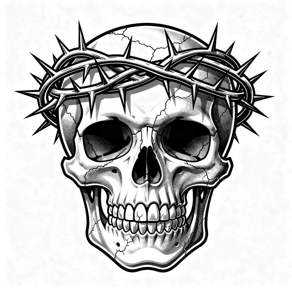 A dark blackwork skull wearing a crown of thorns, rendered in bold linework with black-and-grey shading.