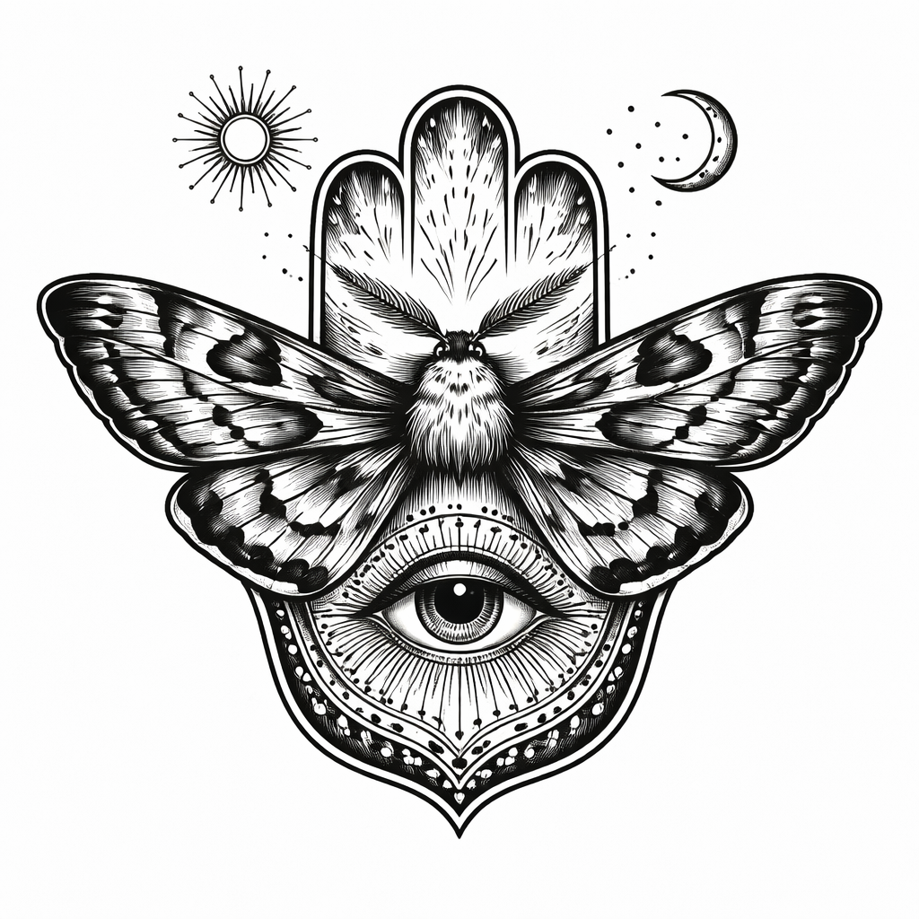 An ornamental hamsa centered with a detailed tiger moth, integrated evil eye, and surrounding sun and moon motifs in decorative linework