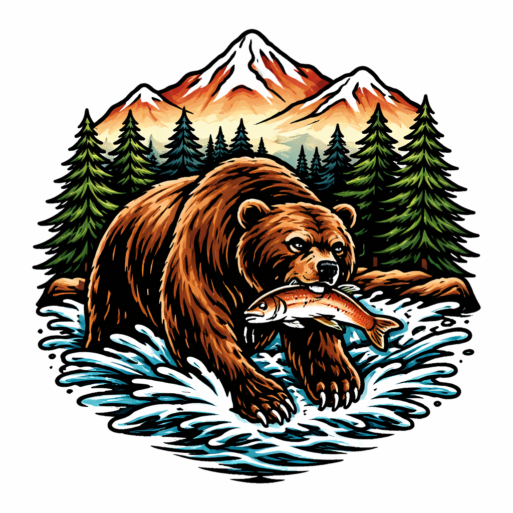 A traditional-style grizzly bear standing in a mountain stream, water splashing around its paws with pine forest and peaks in the background