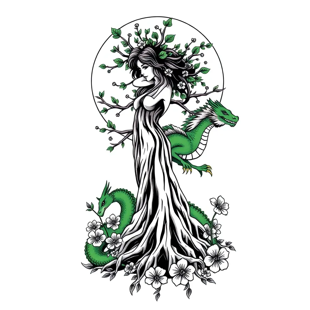 An illustrative tree whose trunk forms a woman with branch-hair and deep roots, watched over by a green dragon amid blossoming flowers and a black-purple moonlit swirl background
