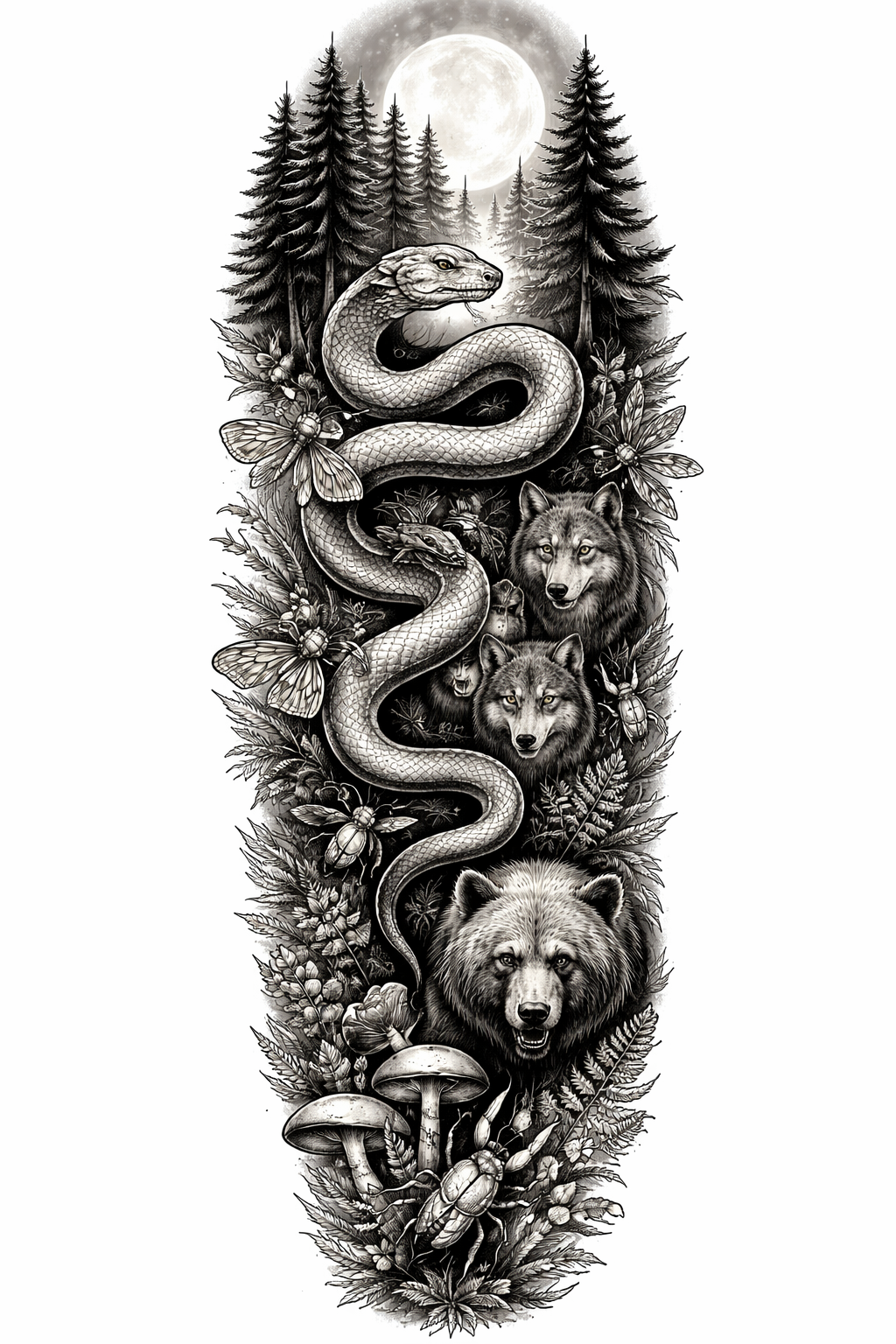 An illustrative full-arm sleeve showing a moonlit forest at night with trees, plants, insects, a coiled snake, wolves and bears woven into layered scenes