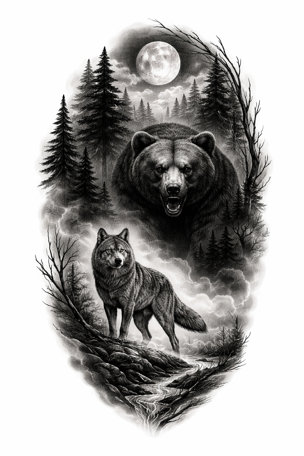 An illustrative night forest scene with wolves and bears among trees under a moonlit sky, high-contrast linework and shaded textures