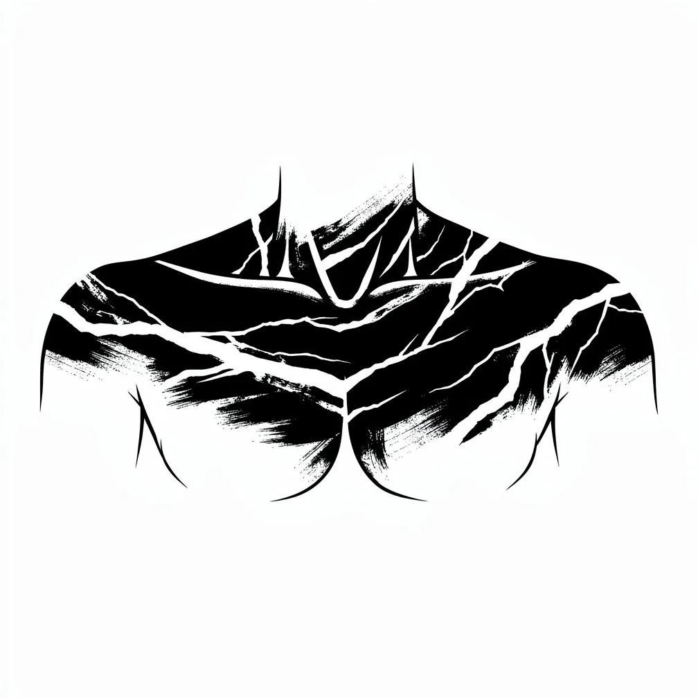 An abstract blackwork chest-and-collarbone blackout with painterly black masses and jagged negative-space fissures like karst limestone grikes, flowing with anatomy.