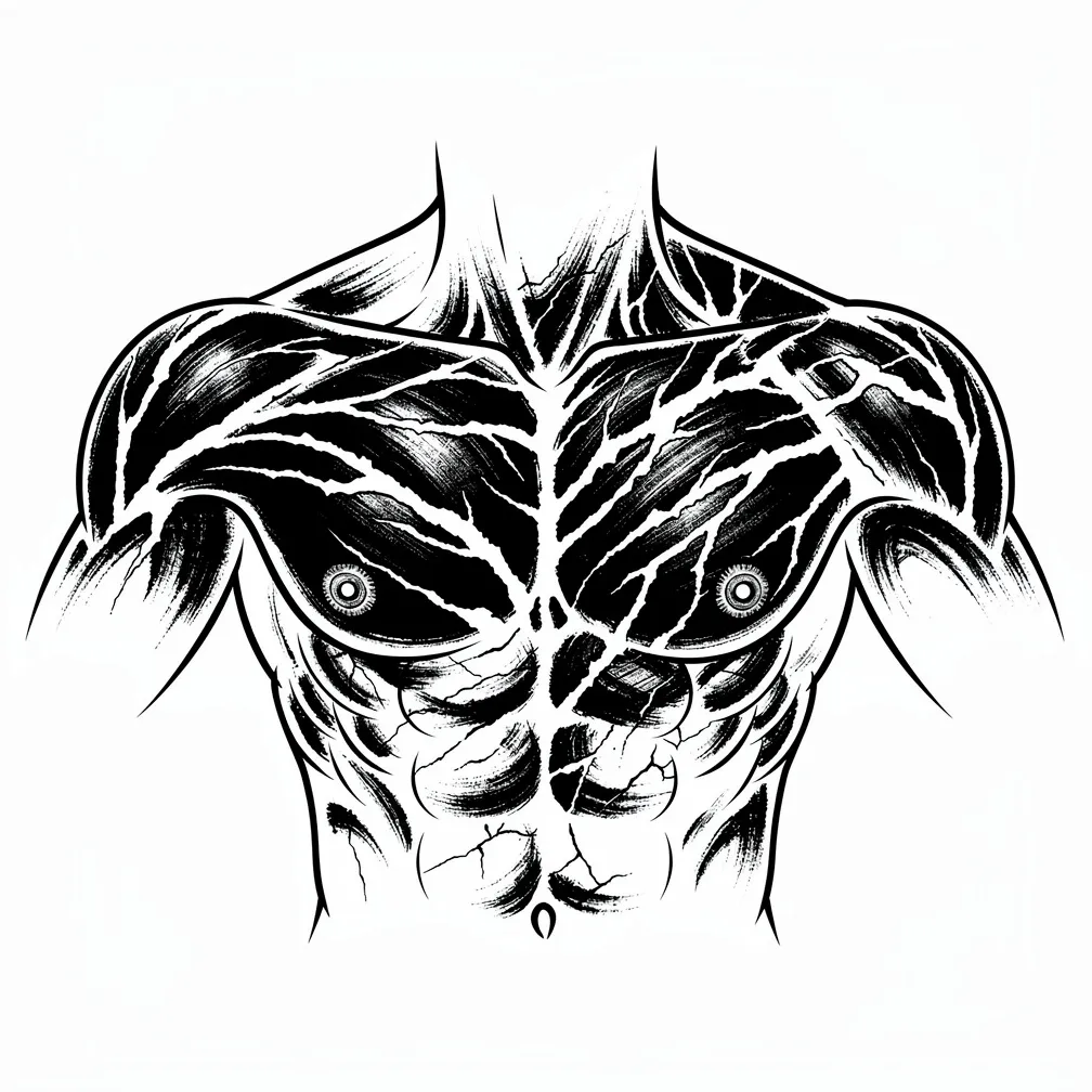 An abstract blackwork chest blackout with organic painterly black masses and jagged negative-space fissures following the collarbones and pecs, stopping above the lower pec line.