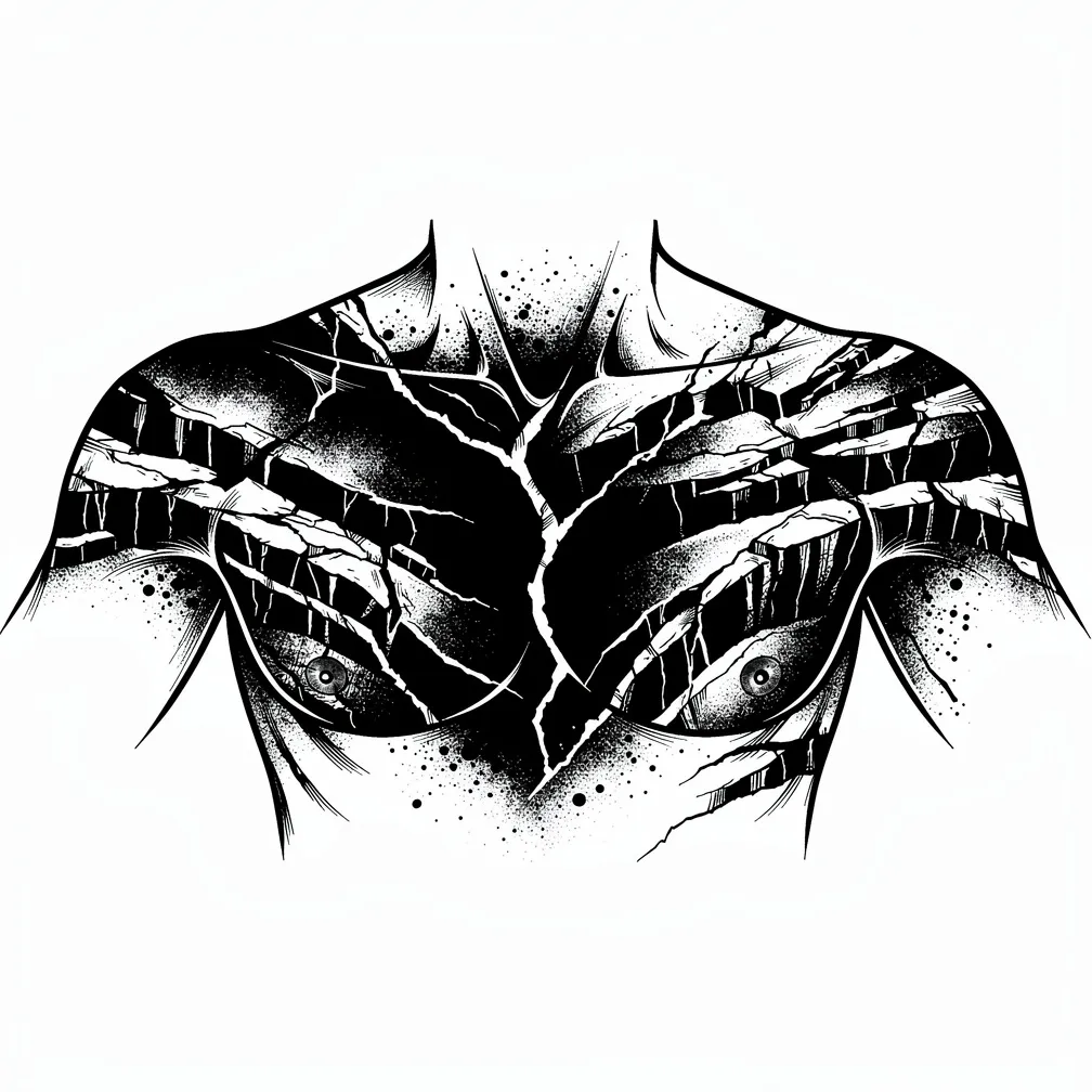 An abstract blackwork blackout chestplate with organic painterly fills and jagged negative-space fissures, flowing along the collarbones and pecs like karst limestone cracks.