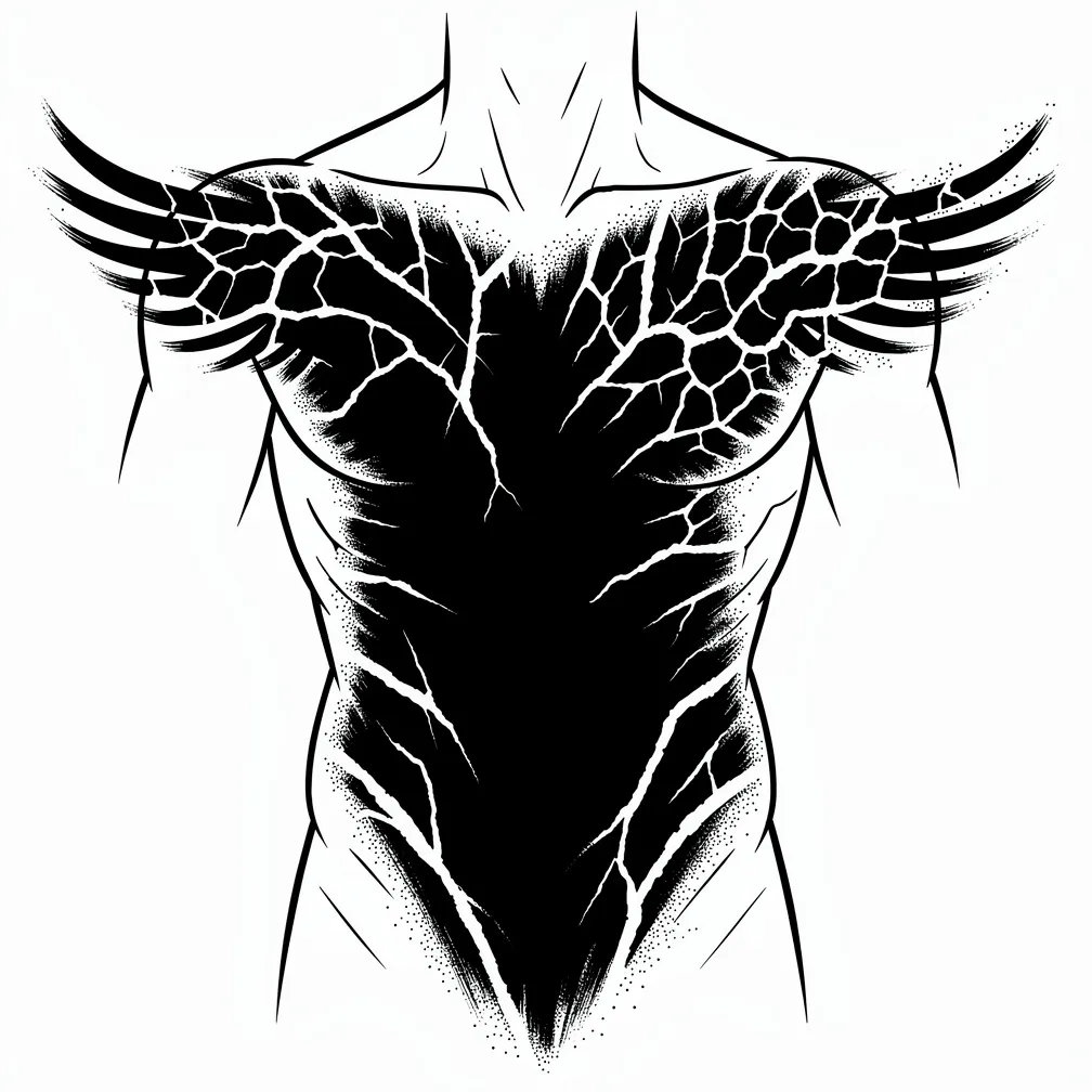 A large pure-black blackout chest and collarbone cover-up with Scottish limestone crack textures and soft splattered brushstroke edges, fully obscuring a central eagle tattoo.