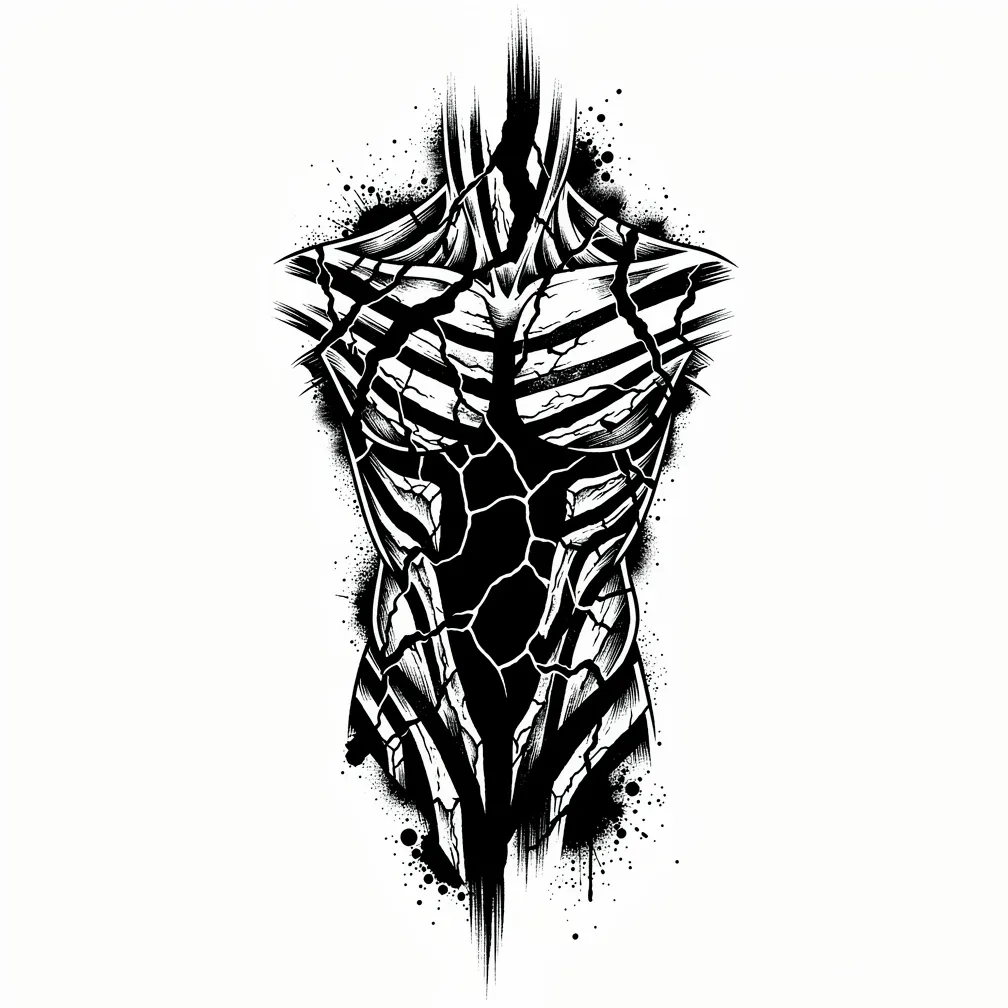 An abstract blackwork chest-and-collarbone blackout with painterly edges and jagged negative-space fissures like karst limestone, with a solid black center panel for cover-up.