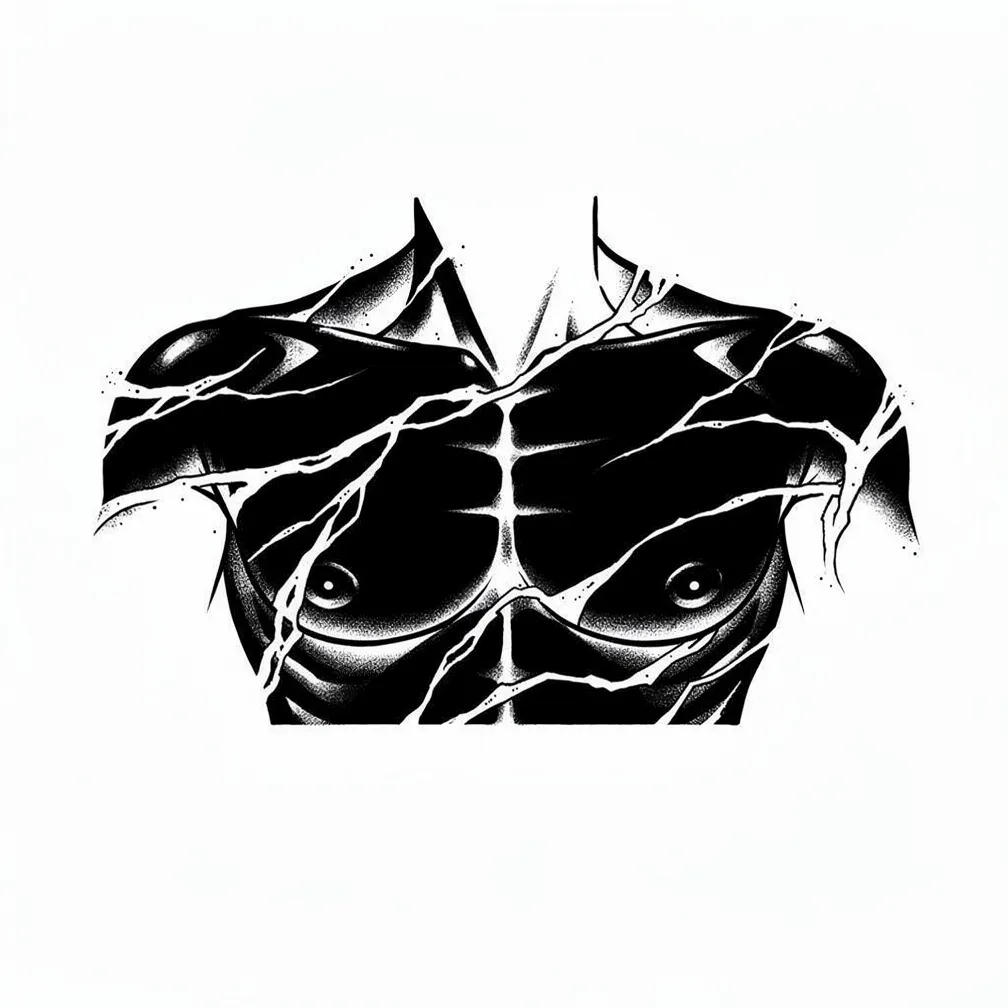 An abstract blackwork chest and collarbone blackout with asymmetrical solid black masses and jagged negative-space fissures following the collarbones and pecs.