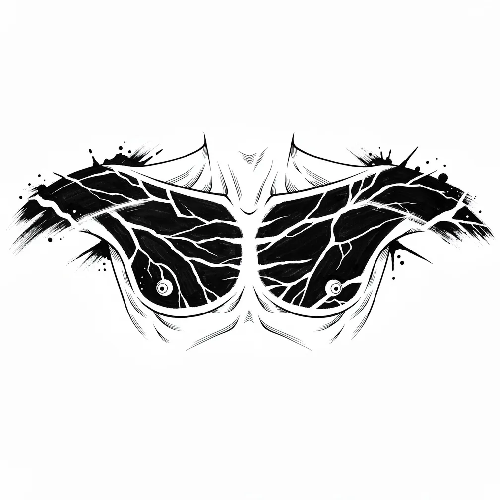 An abstract blackwork chest blackout with painterly organic fills and jagged negative-space fissures resembling karst limestone cracks, flowing along collarbones and pecs.