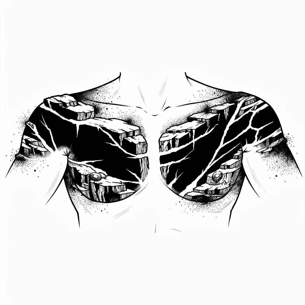 An abstract blackwork chest blackout with painterly edges and jagged negative-space fissures like Scottish limestone cracks, flowing along the collarbones and pecs.