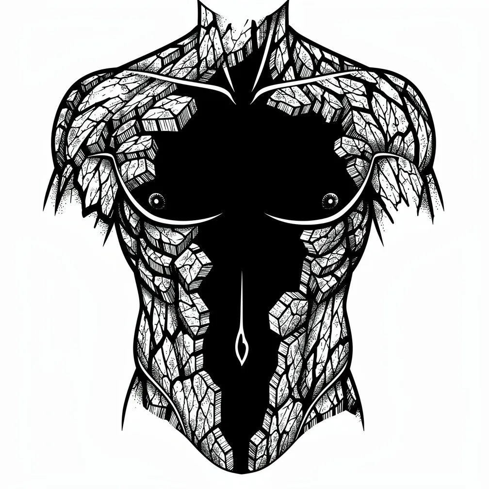 A pure blackwork blackout chest-and-collarbone coverage piece with cracked karst-like texture, asymmetrical and anatomical, fully obscuring a central eagle tattoo area.