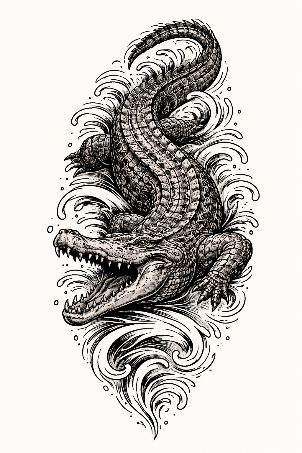 Un cocodrilo estilizado en blackwork tribal con motivos del animismo filipino y patrones geométricos ornamentales, en honor a las creencias espirituales ancestrales.