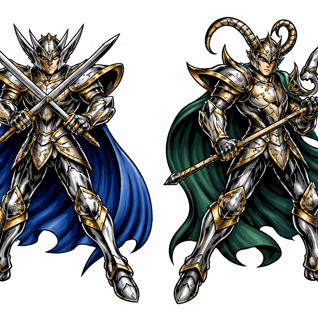 Two anime-style portraits of Gemini and Capricorn from Caballeros del Zodiaco in detailed armor, vivid colors and dynamic poses