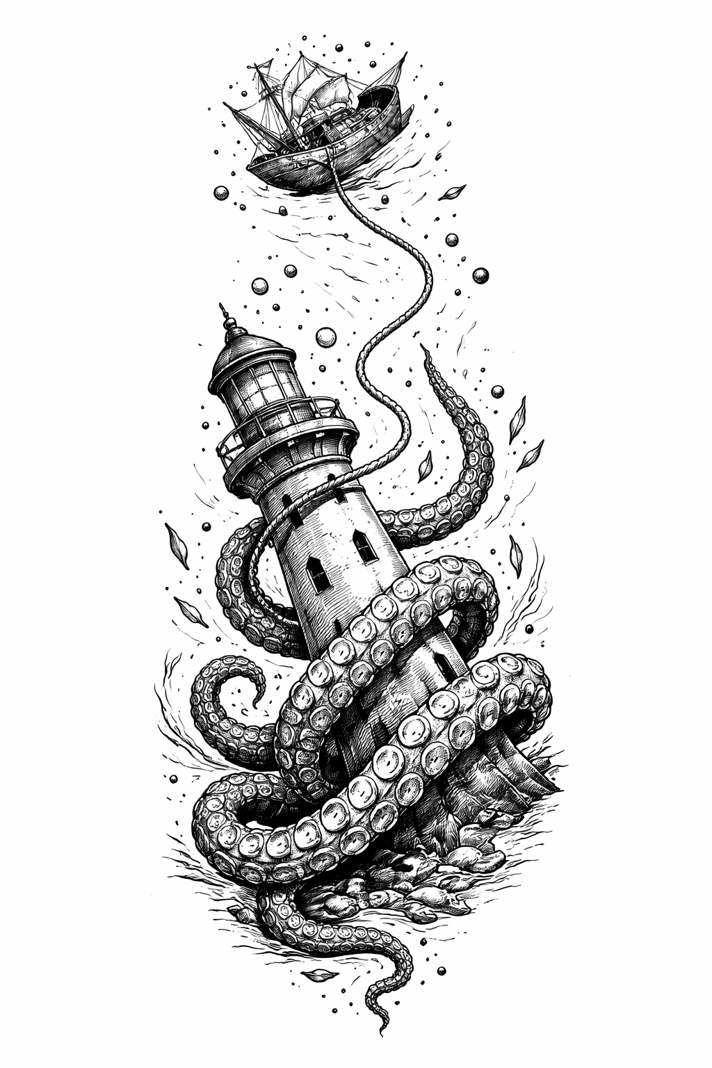 An illustrative nautical scene of a sunken lighthouse wrapped by an octopus, a wrecked ship and a long rope flowing down toward the tower