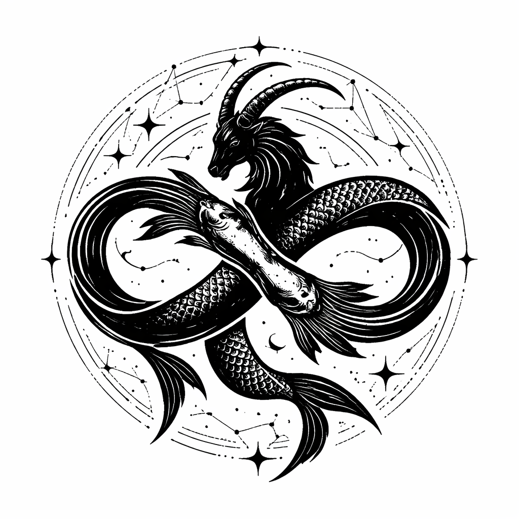 A blackwork spiritual emblem merging a Pisces pair of fish and a Capricorn sea-goat entwined with stars, crescent moon, and sacred geometry lines.