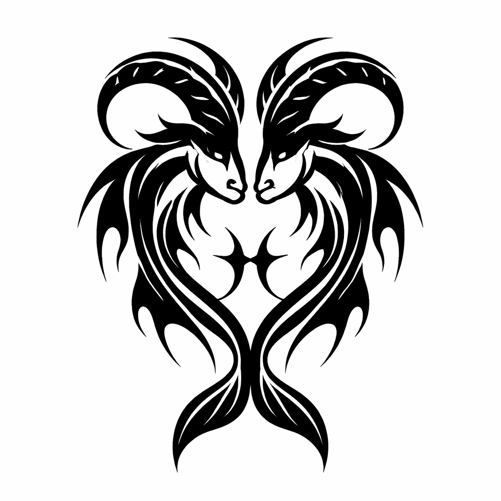 Blackwork tribal fusion of Pisces fish and Capricorn sea-goat symbols interlocked into a bold, symmetrical zodiac sigil.