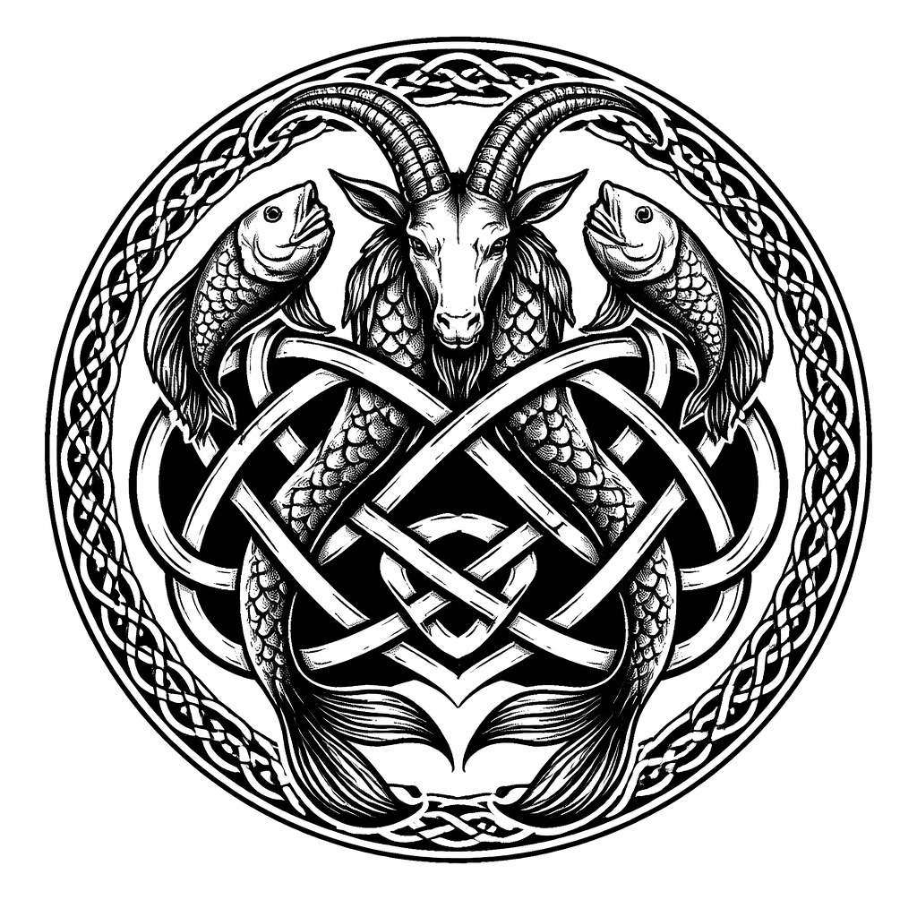 Blackwork Celtic knot merging a Pisces pair of fish and a Capricorn sea-goat into an infinity/eternity symbol, symbolizing eternal love between the two signs.