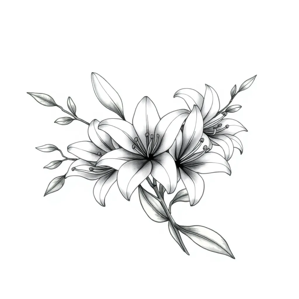 Three to five lilies arranged across the shoulder and bicep with branching leaves in medium-weight illustrative linework and soft color accents