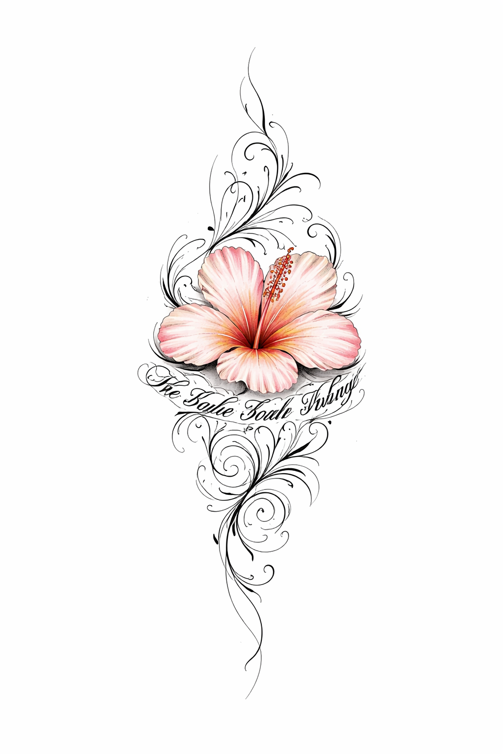 A pink-and-yellow Hawaiian plumeria at the center of the wrist with the phrase "be afraid and do it anyway" in decorative black script wrapping and connecting to the flower