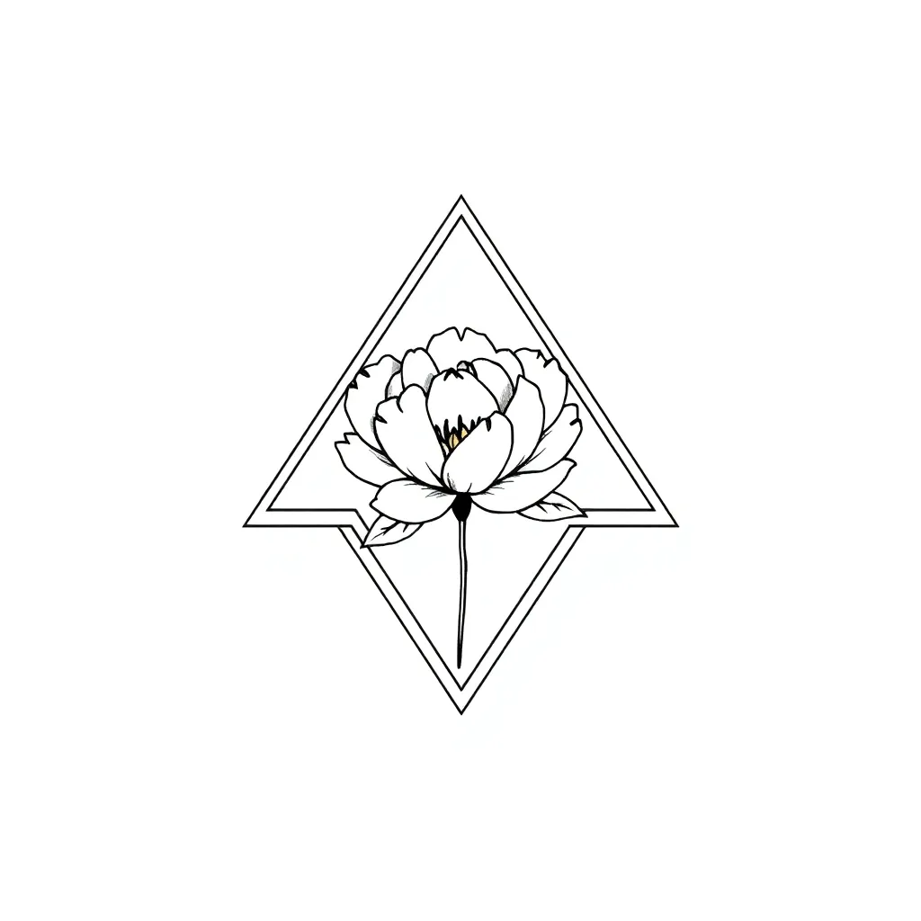 A minimal fine-line triangle with tiny dots along its edges and a small simple peony weaving through one side, rendered in delicate black linework