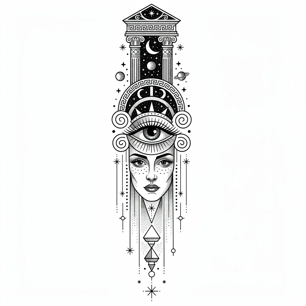 A fine-line blackwork leg sleeve of abstract surreal forms with psychedelic cosmic motifs and Greek-inspired symmetrical geometry