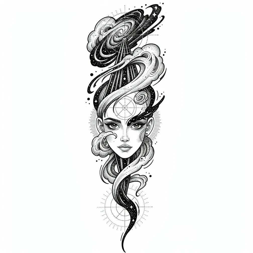 A fine-line blackwork abstract tattoo merging surreal, psychedelic visionary motifs with ethereal cosmic elements—flowing geometry, stars, and occult eyes.
