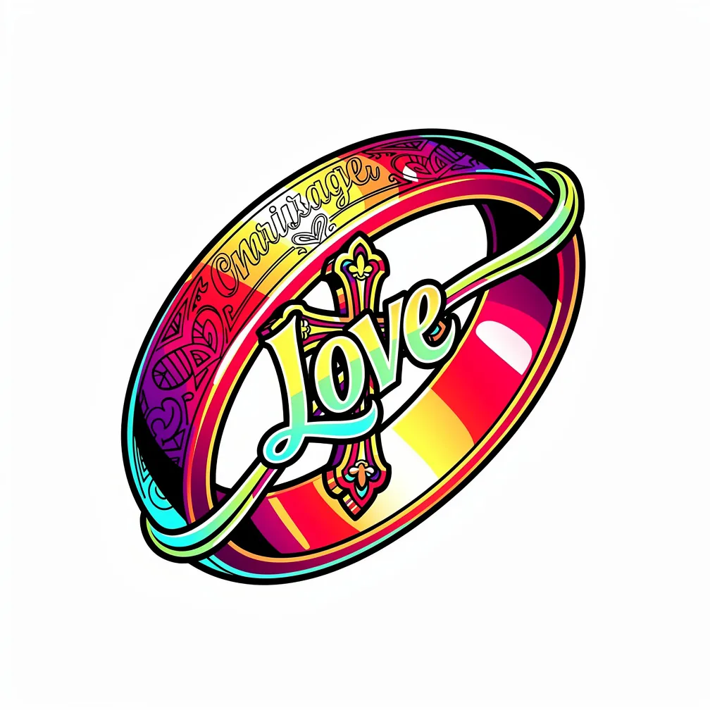A new‑school colorful infinity symbol formed by intertwined wedding rings and a heart with a stylized cross and radiant accents representing Jesus and marital love.