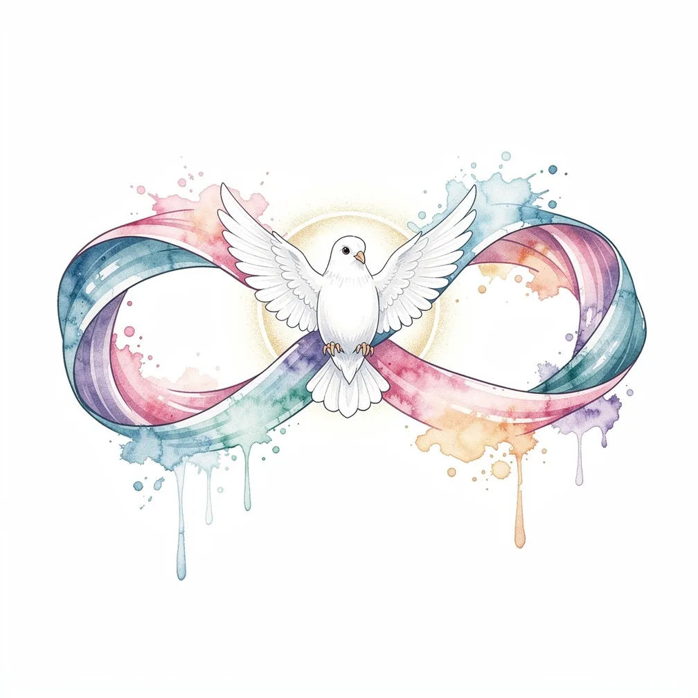 A watercolor-style design of a dove forming an infinity loop that cradles a heart, with soft color washes and subtle radiant highlights