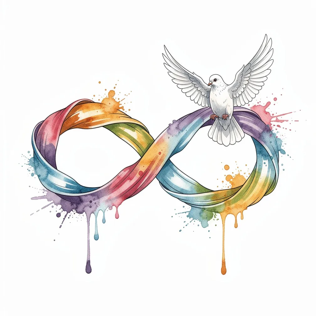 A watercolor heart-shaped infinity loop with a flying dove and subtle gold cross brushstrokes symbolizing the Holy Spirit and eternal love.