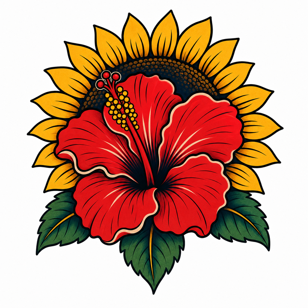 Ramo de hibisco y girasol de estilo tradicional, con contornos marcados, pétalos brillantes y sombreado clásico