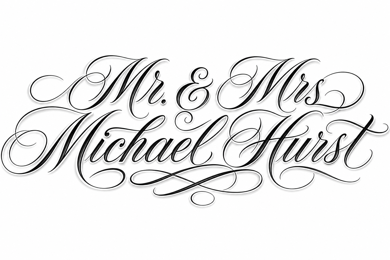 Caligrafía elegante que dice «Mr. & Mrs. Michael Hurst» con florituras decorativas, ideal para un tatuaje de nombres o de boda