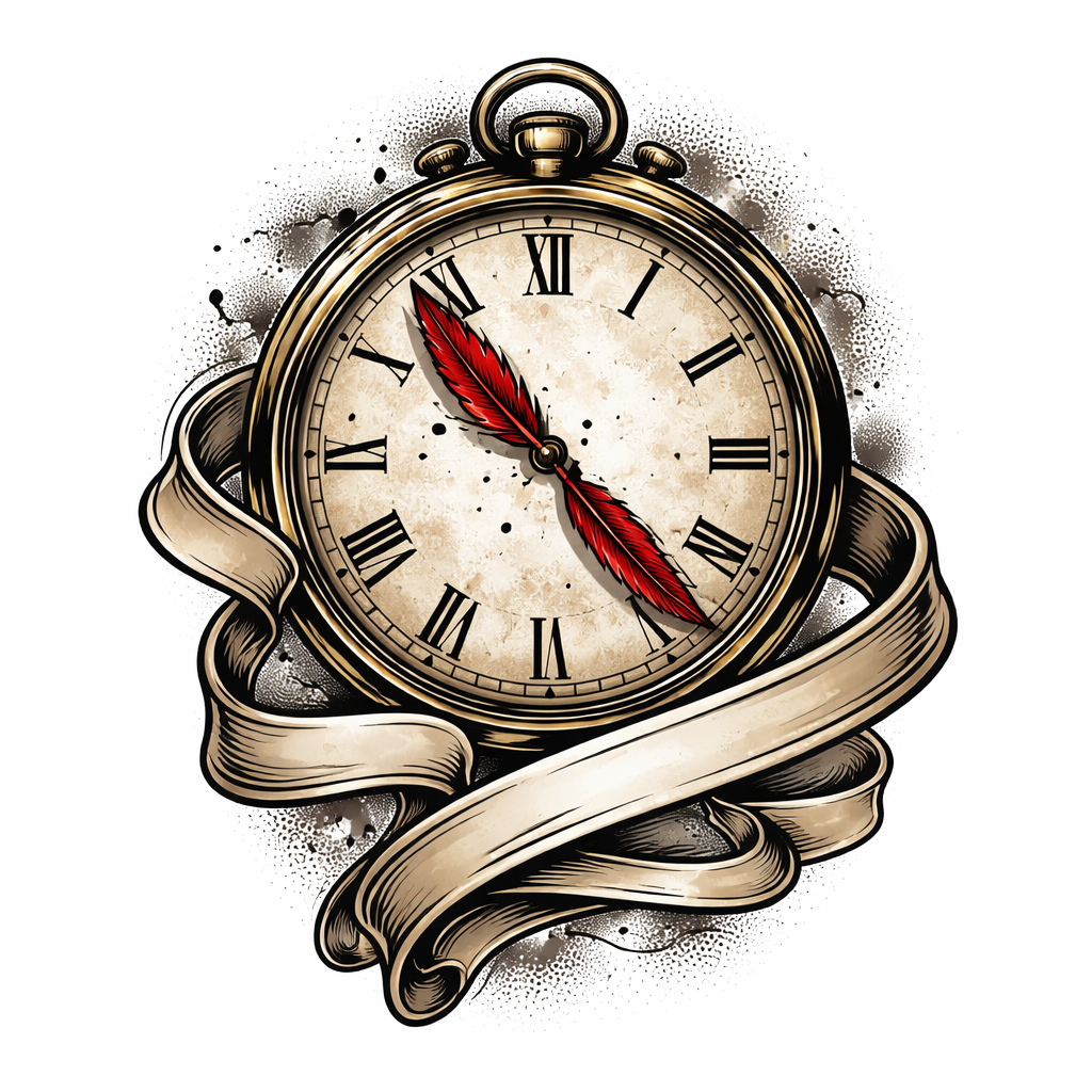 Illustrative full-sleeve tattoo of a clock with Roman numerals whose hour and minute hands are red feathers, surrounded by ornamental elements and the script 'keep going you still have time'.