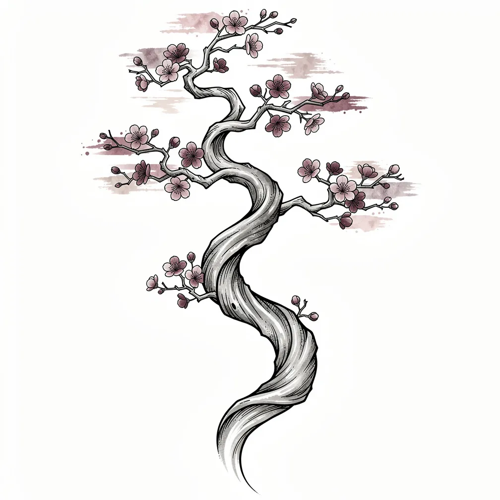 An elongated twisted flowering tree in black-graphite ink with abstract muted watercolor washes and lots of negative space, designed from chest to shoulder to elbow.