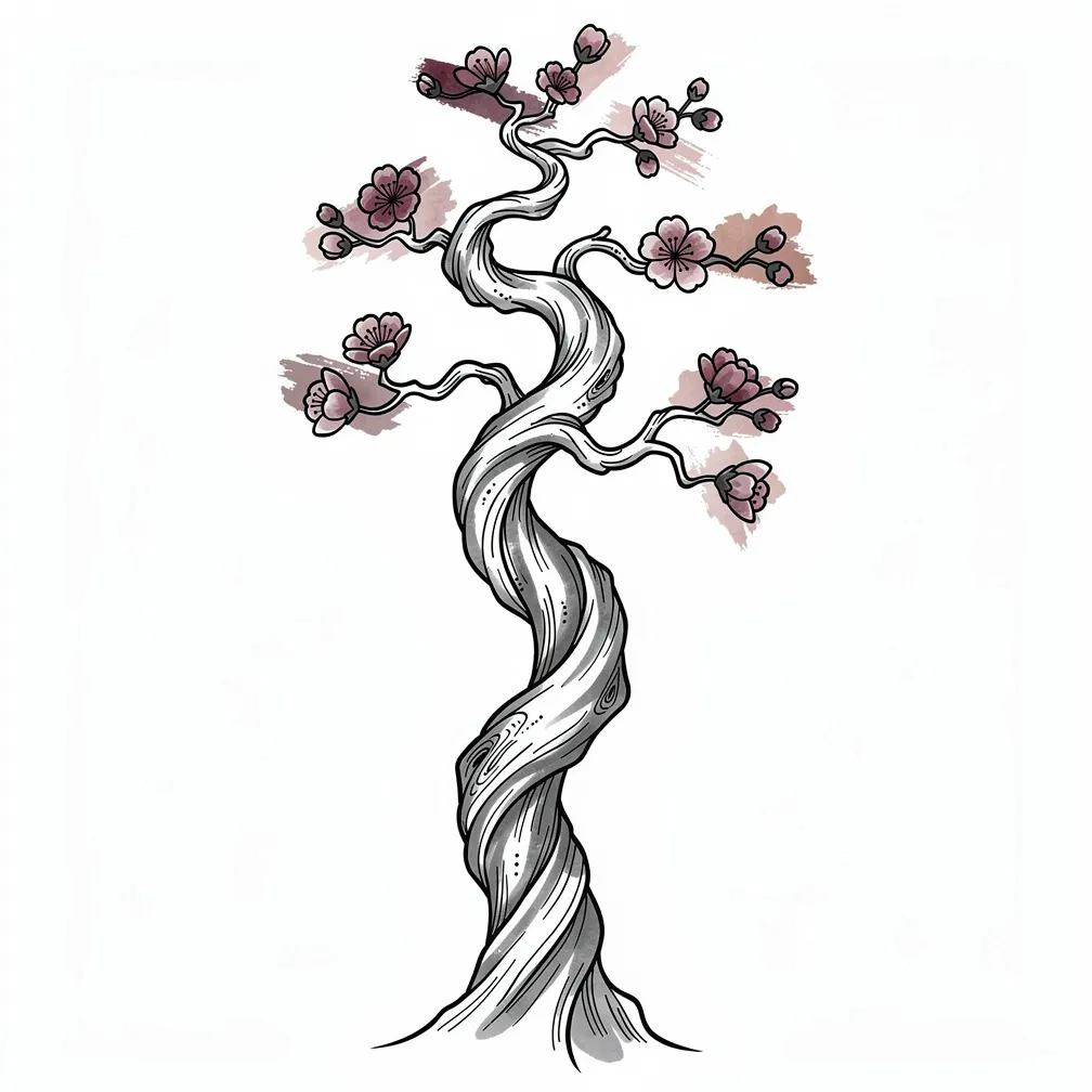 An elongated twisted flowering tree in black/graphite ink with lots of negative space and abstract watercolor washes in dusty rose and muted wine tones.