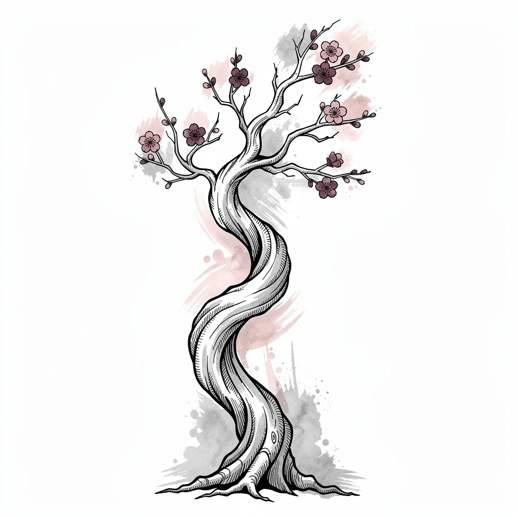 An elongated fine-line flowering tree in black/graphite ink with lots of negative space and soft watercolor washes in dusty rose and muted wine tones.