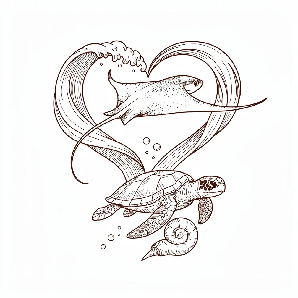 A fine-line brown ink ocean-themed tattoo featuring shells, a sea turtle, and manta rays in a delicate flowing composition.