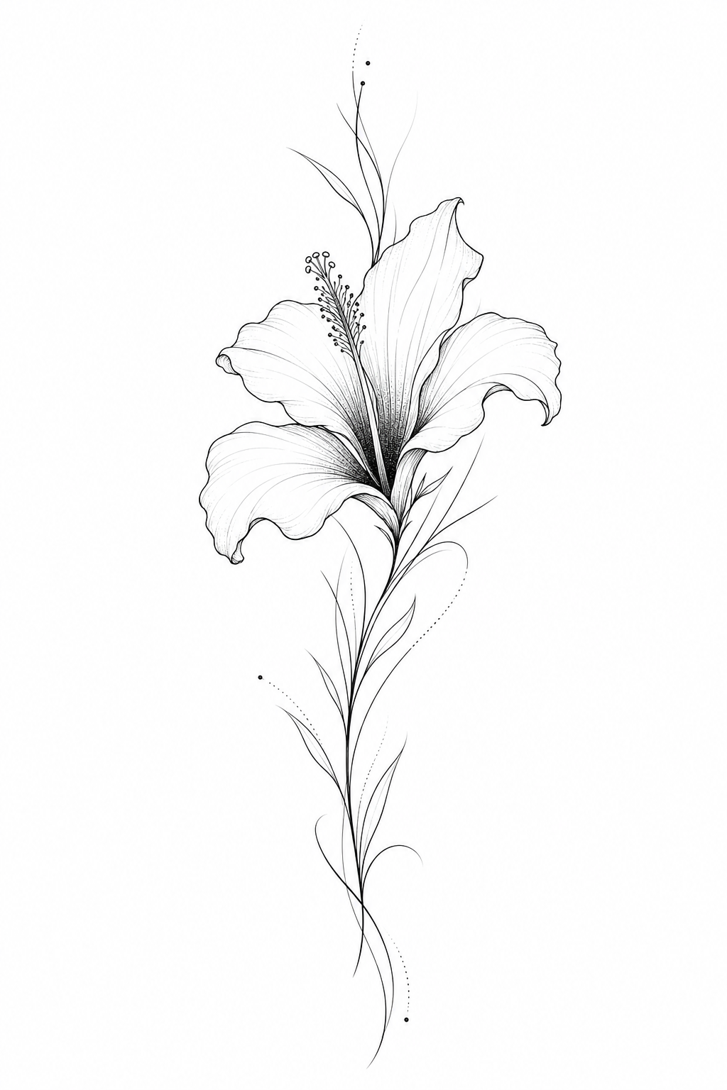 A fine-line black ink tropical flower, semi-open, on a delicate wispy stem with airy botanical detailing.