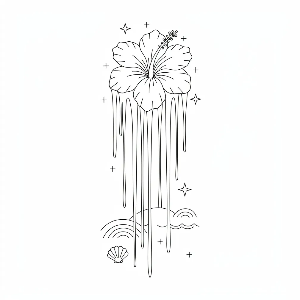 En minimalistisk fine line-klynge af hibiscus, hvor kronbladene forlænges i flydende linjer, med små glimt og diskrete havdetaljer som bølgende kurver.