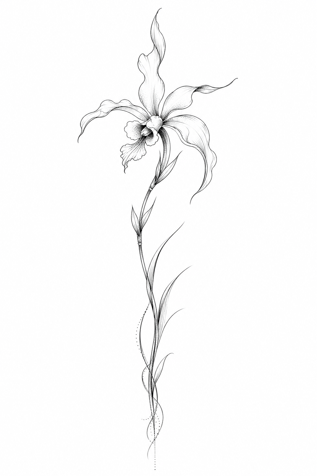 A fine-line black ink tattoo of a long, wispy tropical flower stem with delicate petals and airy linework.