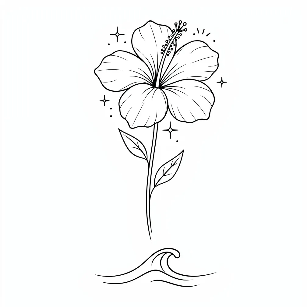 En minimalistisk hibiscus-tatovering i fine linjer til siden, med kronblade der fortsætter i flydende linjer, små glimt og diskrete havdetaljer.