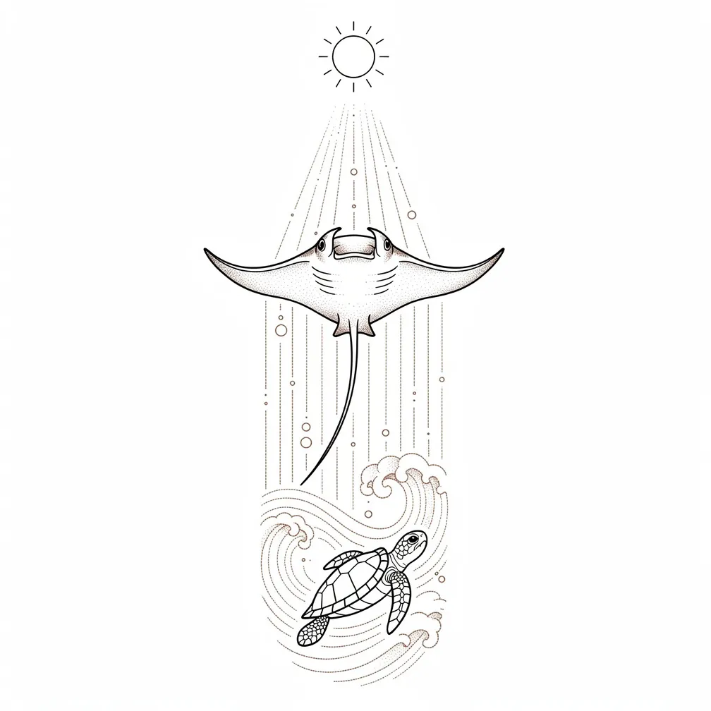 A delicate brown fine-line side-torso tattoo showing ocean waves with manta rays, a sea turtle, and a sun in a long vertical composition.